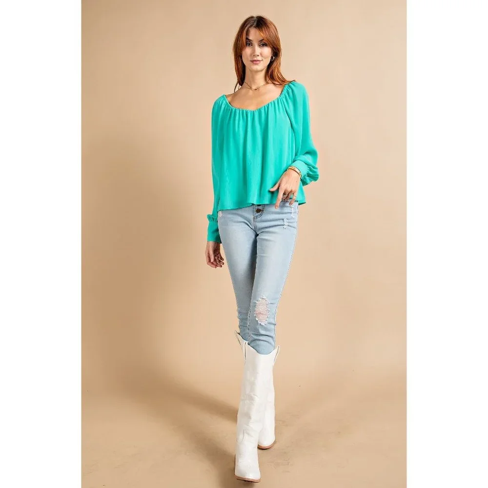 Easel Atlantis Green Buttoned Cuffs Loose Fit Chiffon Lightweight Lined Blouse - Picture 2 of 5